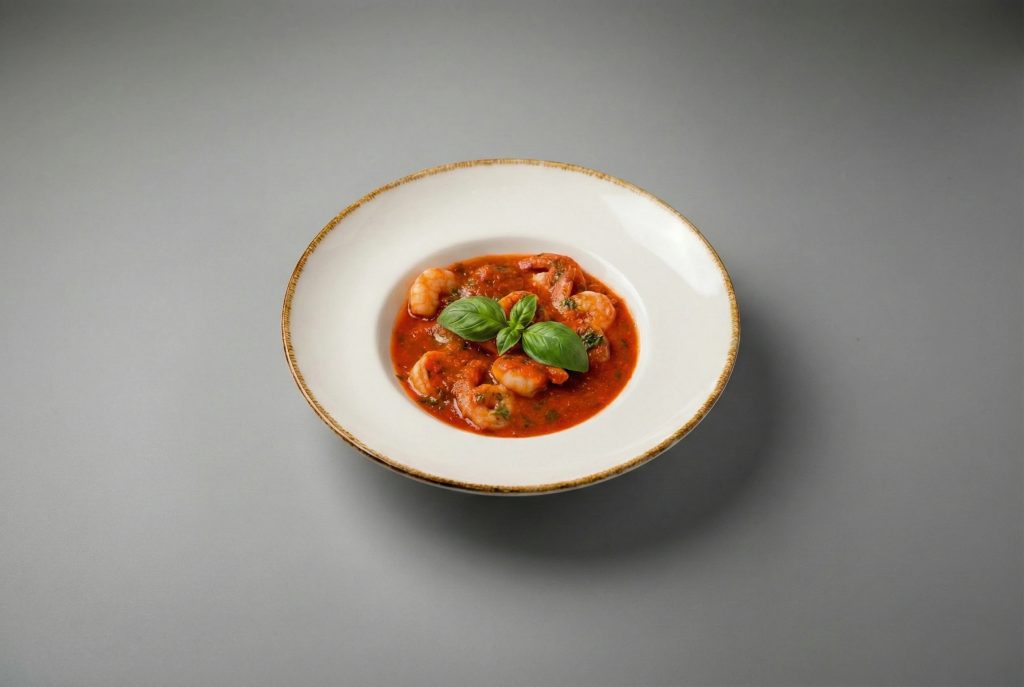 Gamberi in salsa al vino rosso e basilico