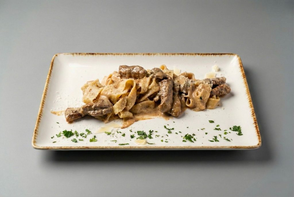 Pasta con filetto di manzo e funghi in salsa bianca